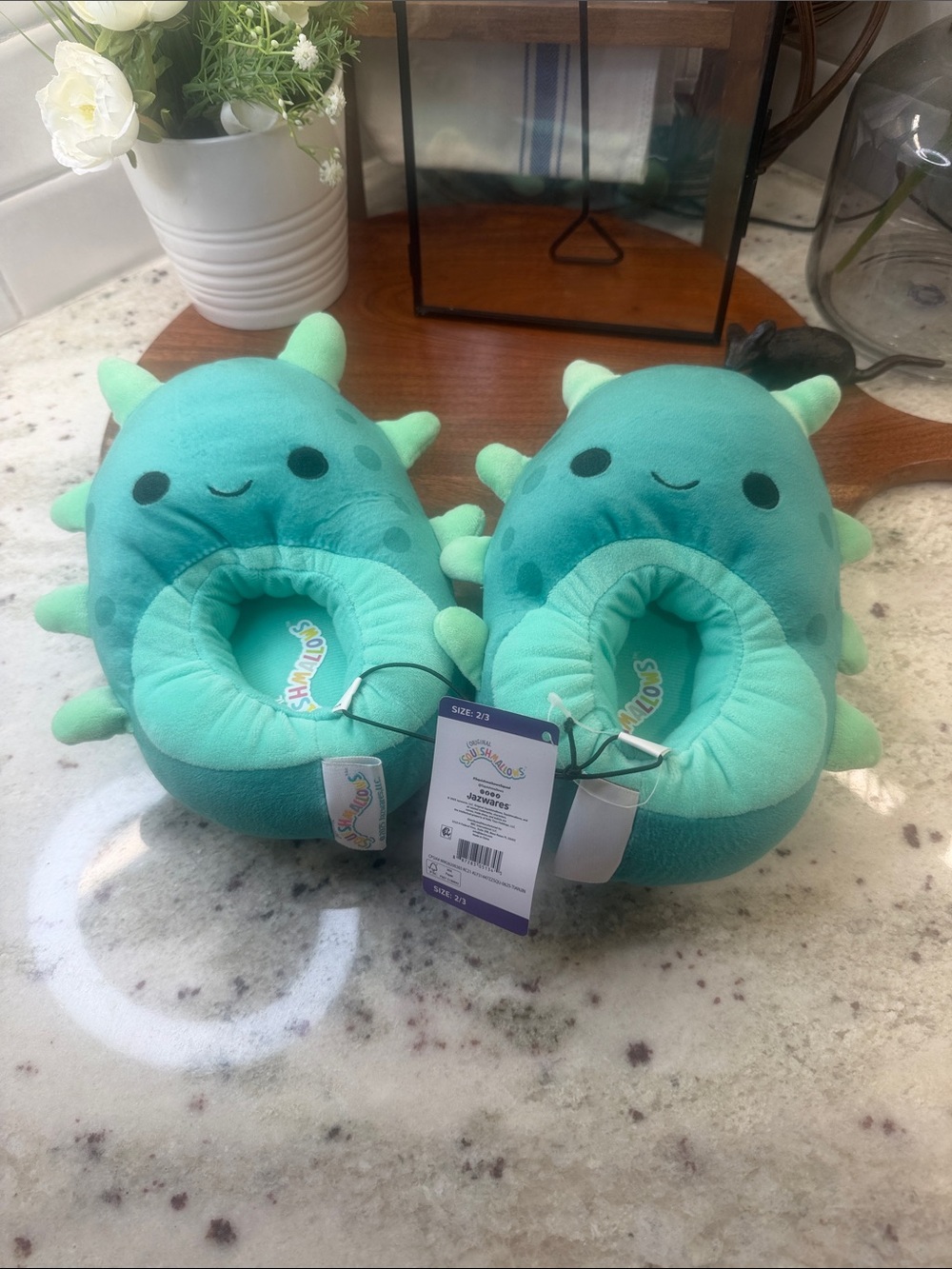 Squishmallows Teal and Mint Plush Sea Monster Kids Slippers